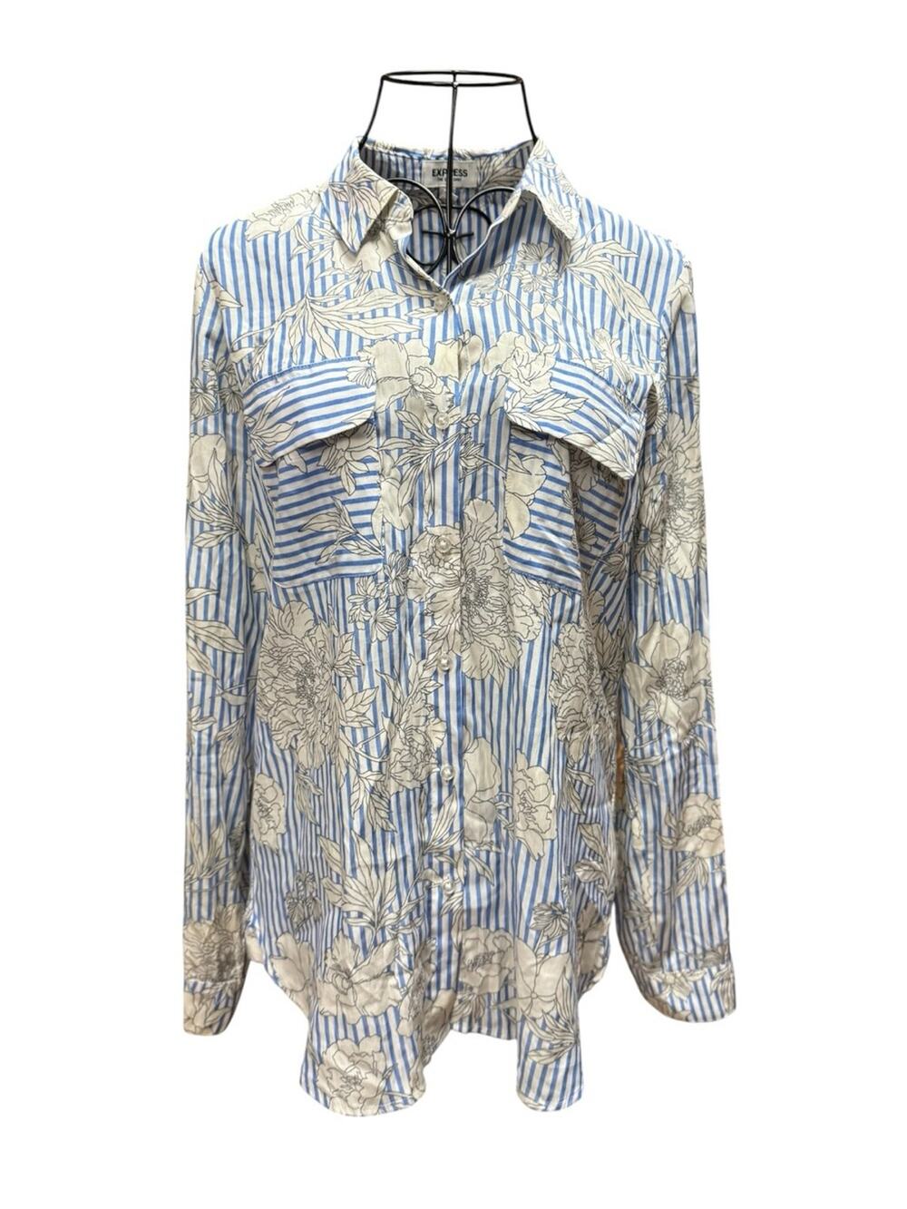 Express Blue & Cream Floral Stripe Button-Down Shirt size S